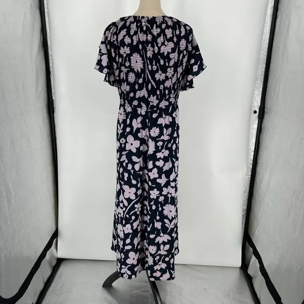Kate Spade New Splash Ruffle Sleeve Midi Dress Navy & Cream Smocked Size 2